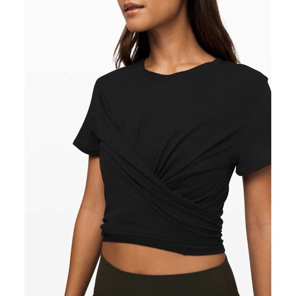 Lululemon 4 Black Short Sleeve Time To Restore Tie Front Crop Tee - Picture 1 of 8